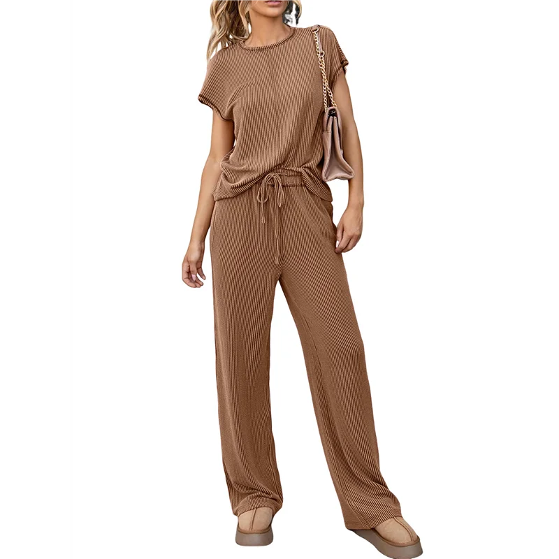 بلوزة CYL-Women's مكونة من قطعتين كاجوال مضلعة بأكمام قصيرة، سراويل واسعة الساق، ملابس منزلية، ملابس رياضية للسفر #5