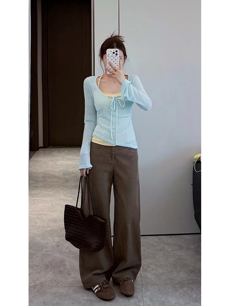 

Comfortable Wide Leg Corduroy Pants Straight Cut Enhance Leg Shape mid Waist Long Trousers Fashionable Spring Set for Women