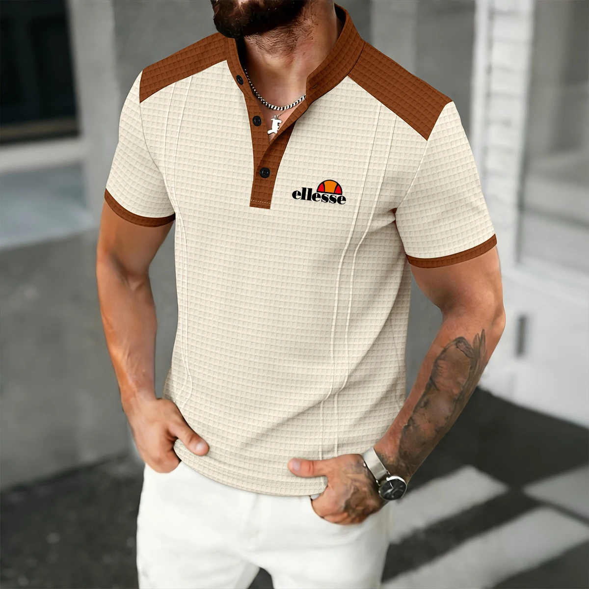 Premium Herren Henley Poloshirt, Hautfreundliche Waffelstruktur, Farbblock-Design an Schulter & Ärmeln, Vertikales Nahtdetail