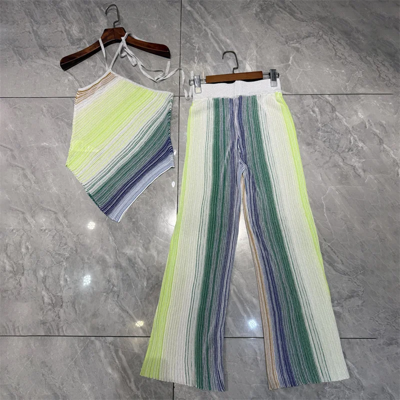 طقم نسائي مكون من قطعتين سروال نسائي جديد محبوك مرن بقصة ضيقة لصيف 2025 غزل معدني مخلوط بدون أكمام بدلة نسائية