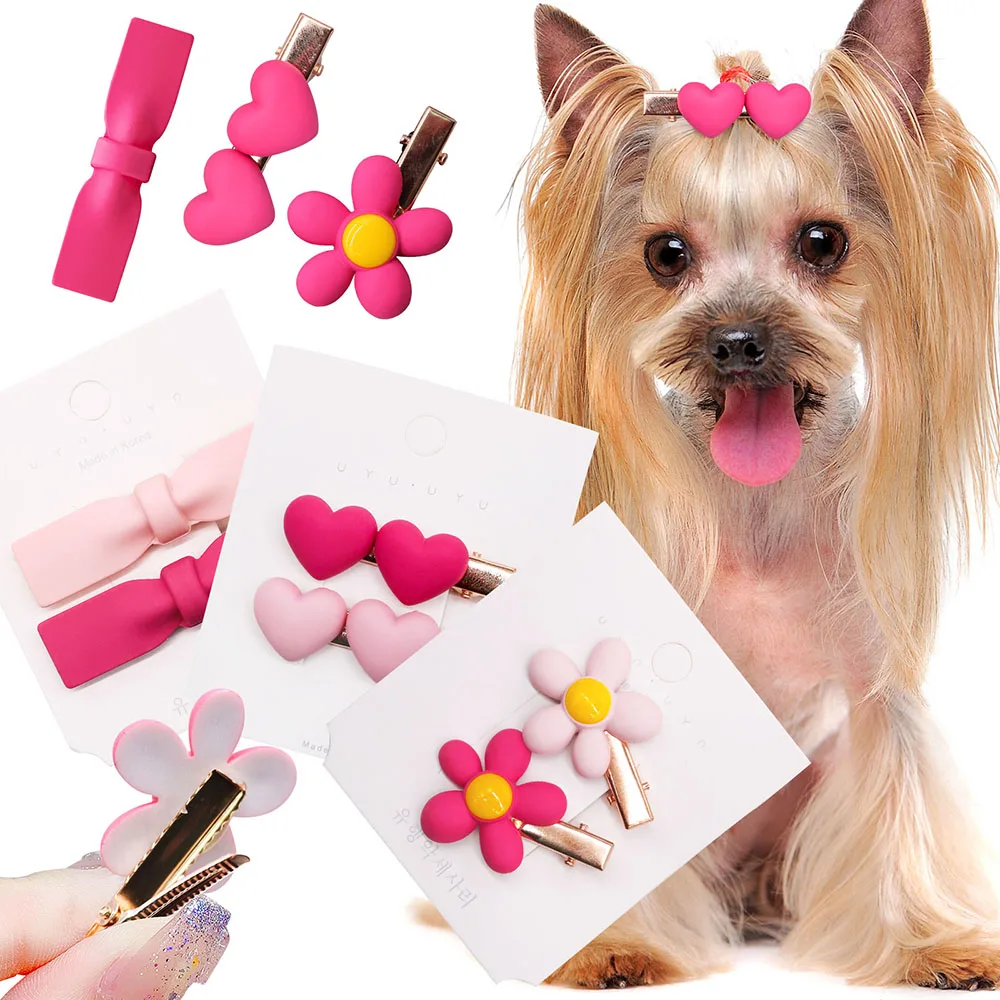 2024 New Pet Dog Hair Clips Dogs Pink Flower Heart Clip Bow Cute Decoration Puppy Hair Bows for Small Dogs Supplies Pet Headwear