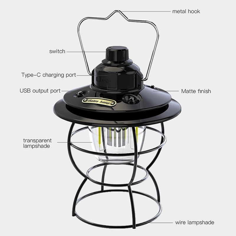 Portable outdoor camping light rechargeable LED light tent retro light camping light can be hung or erected