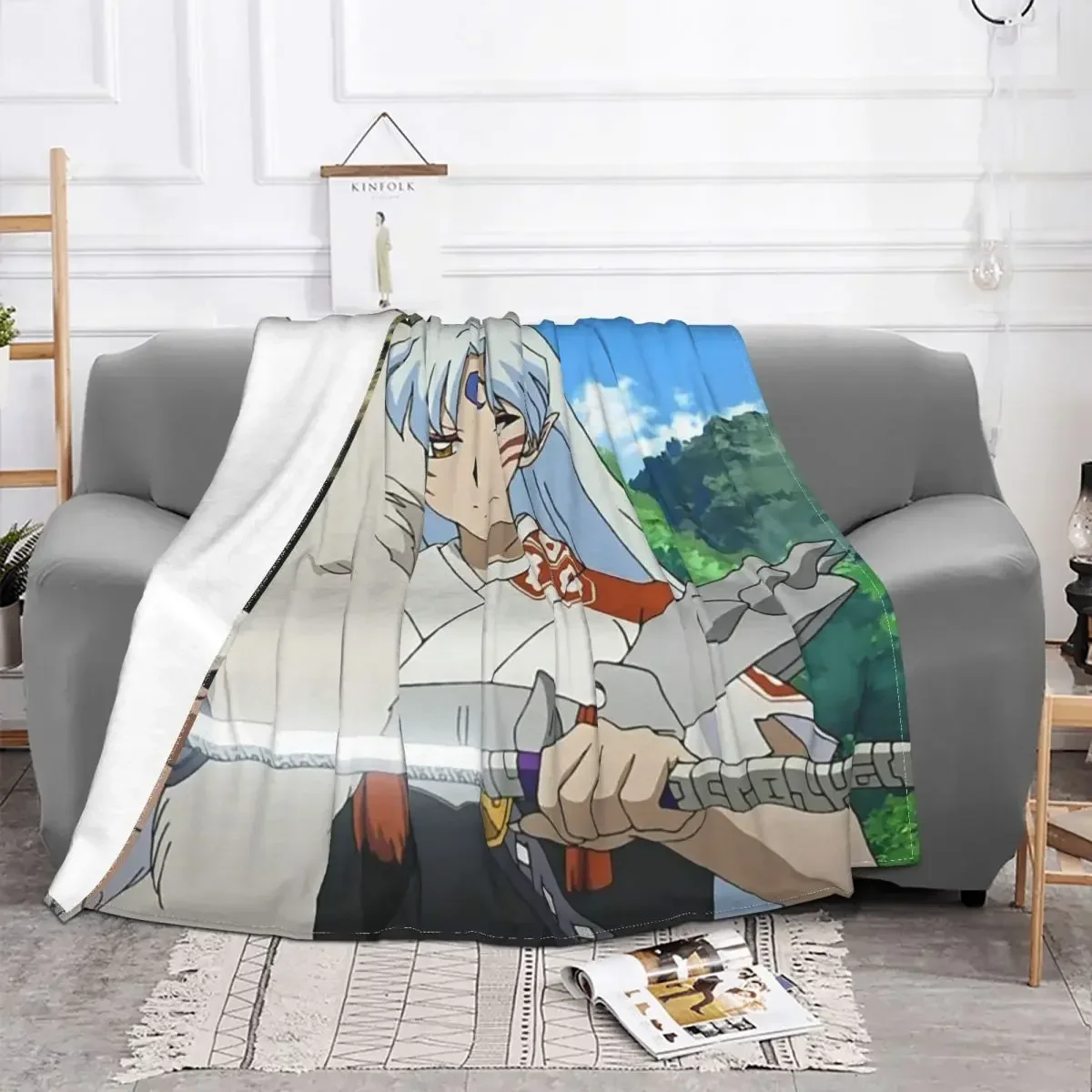 Japanese Anime Inuyasha Knitted Blankets Sesshoumaru Wool Throw Blanket Airplane Travel Portable Soft Warm Bedspread