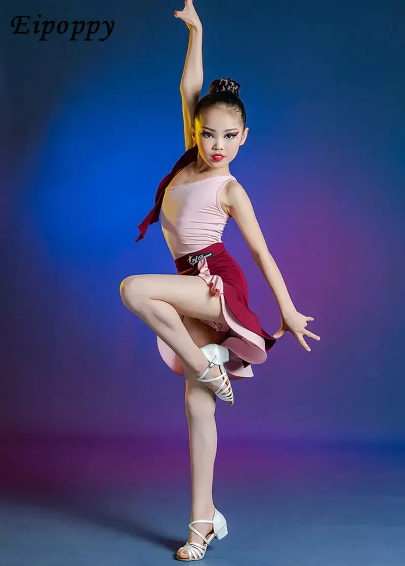 女の子のボールルームラタンダンスコスチューム、キッズボールルームドレス、サルサ、イルバ競技、練習ダンスウェア