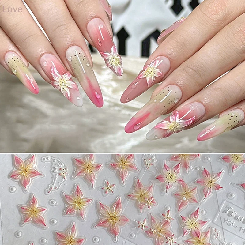 [L & P] 1 ورقة الوردي زهرة الزنبق مسمار ملصقا الإغاثة ثلاثية الأبعاد هلام خمسة البتلة زهرة مسمار الفن الديكور الشارات Diy بها بنفسك المتزلجون ذاتية اللصق