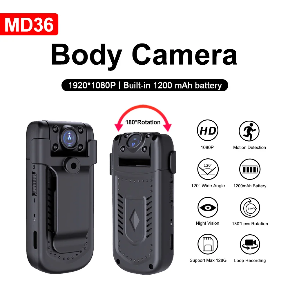 MD36 Wearable Body Camera 1080P HD Video Recorder Portable Sport DV Wide Angle Max 128GB TF Card Loop Recording Police Mini Cam
