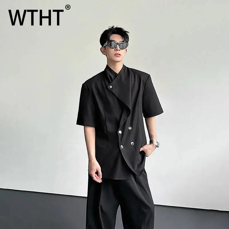 

WTHT Trendy Men's Solid Color Irregular Design Casual T-shirts Fashion 2026 Summer Stand Collar Short Sleeve Tops Male 2A3150