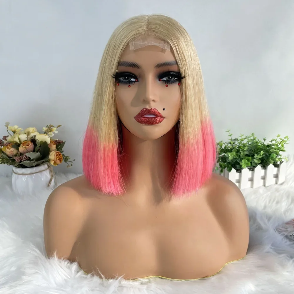 

Pink Super Double Drawn Short Bob Wigs Vietnamese Human Hair 2X6 Deep Part Lace Closure Bob Wig 250% Density Straight Lace Wigs