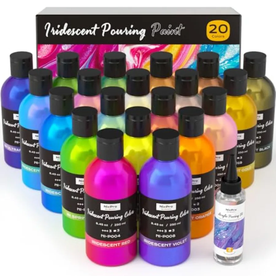 

Iridescent Metallic Acrylic Pour Paint Supplies Kit, 8.45oz Large Ready to Pour Premixed High Flow Pouring Paint Set with Silic