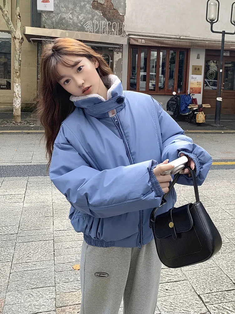 سترة شتوية دافئة بياقة قطيفة Y2K فضفاضة وسميكة منتفخة سترة قصيرة كورية حلوة مرقعة وسحاب متين معاطف قصيرة جديدة