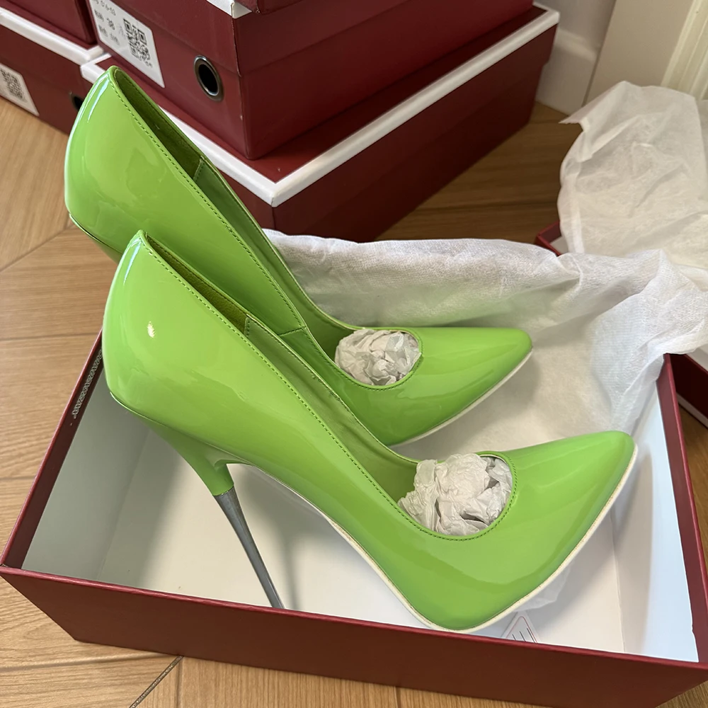 

Plus Size 46 Customize Sexy 16cm Metal Extreme High Heels Women Green Patent Pointy Toe Fetish Stilettos Pole Dance Unisex Shoes