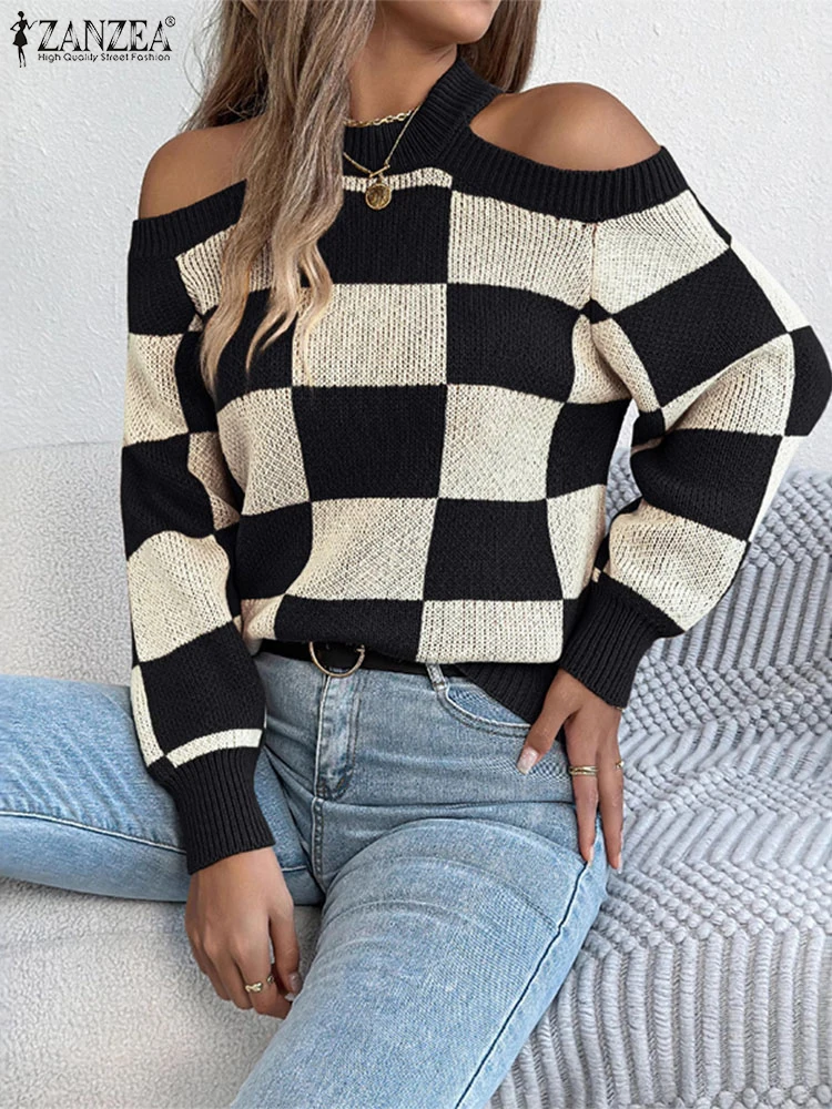 ZANZEA Sexy Spalla Fredda Plaid Pullover Maglioni Donna Autunno Manica Lunga Stampa Maglione Maglieria 2025 Inverno Casual Top lavorato a maglia