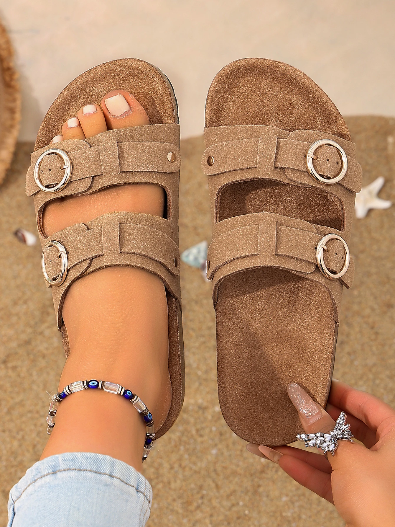 Women's All-Season Casual Simple Solid Color Pu Upper Cork-Patterned Flat Slip-On Sandals with Adjustable Round Buckle and Double Straps, Comfortable Beach Slide Sandals