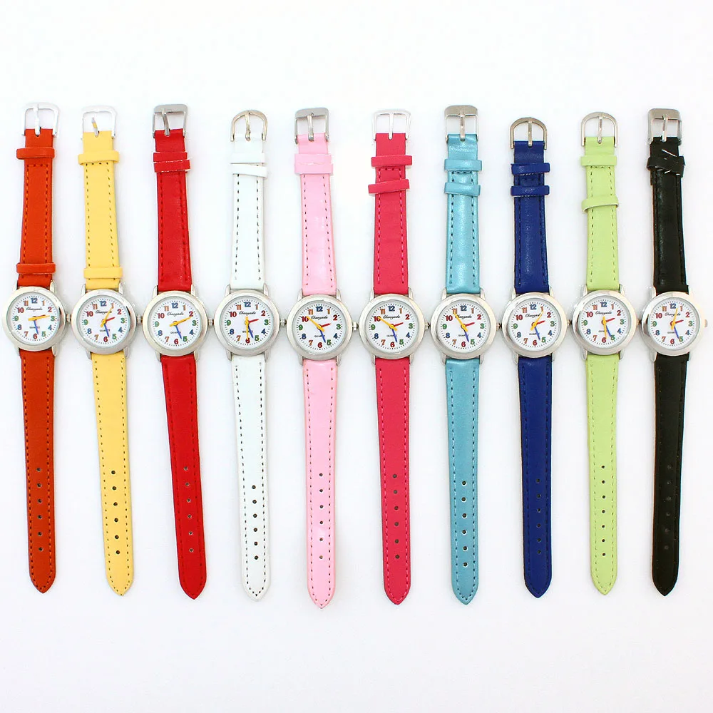 10Pcs Colorful Leather Quartz Wristwatch for Girls Kids Students Watch