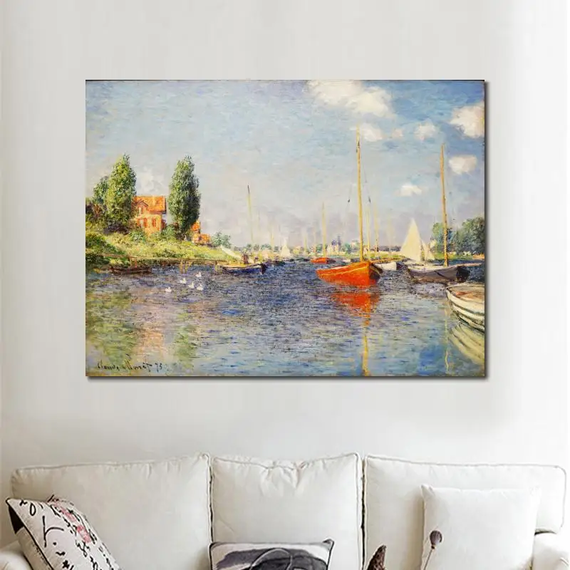 Hand Painted Impressionist Landscapes Claude Monet Canvas Art for Living Room Red Boats Argenteuil Painting Home Decor Gift