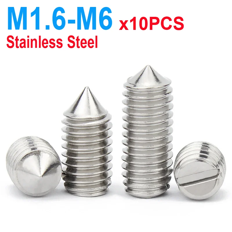 

10pcs/lot Stainless Steel Slotted Head Cone Point Grub Set Screw M1.6 M2 M2.5 M3 M4 M5 M6 M8 M10 Tapered End Headless Bolt
