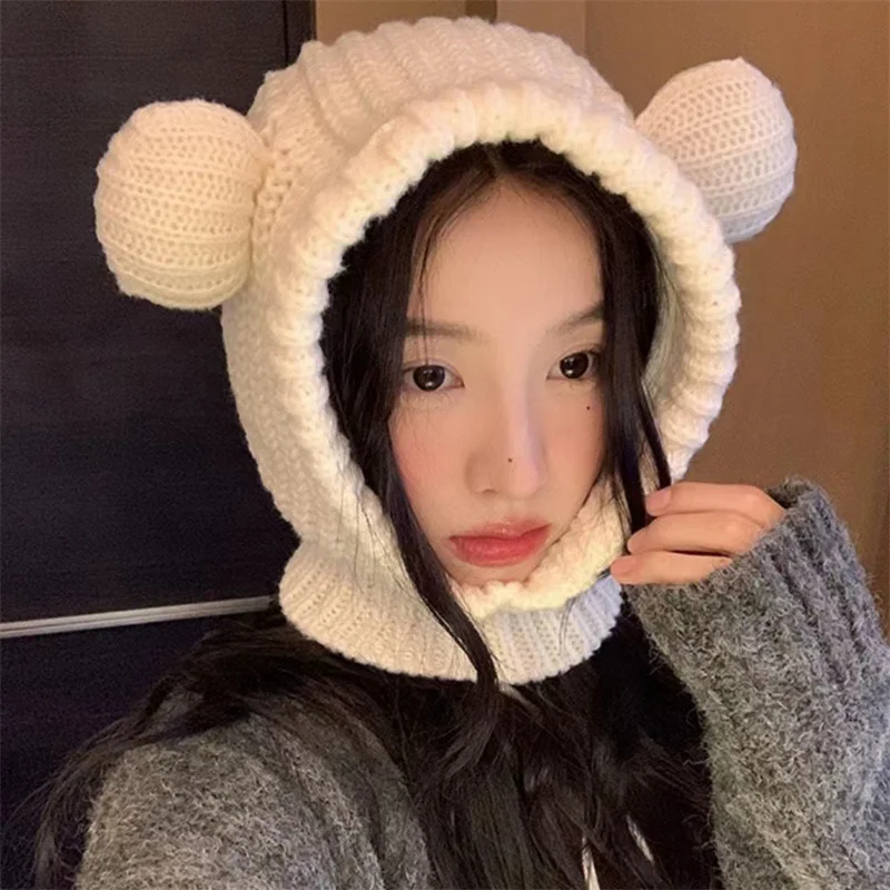 Cartoon Bear Women Hooded Beanies Winter Warm Ear Protection Scarf Cap Korean Solid Wool Knitted Hat Outdoor Windproof Headgear