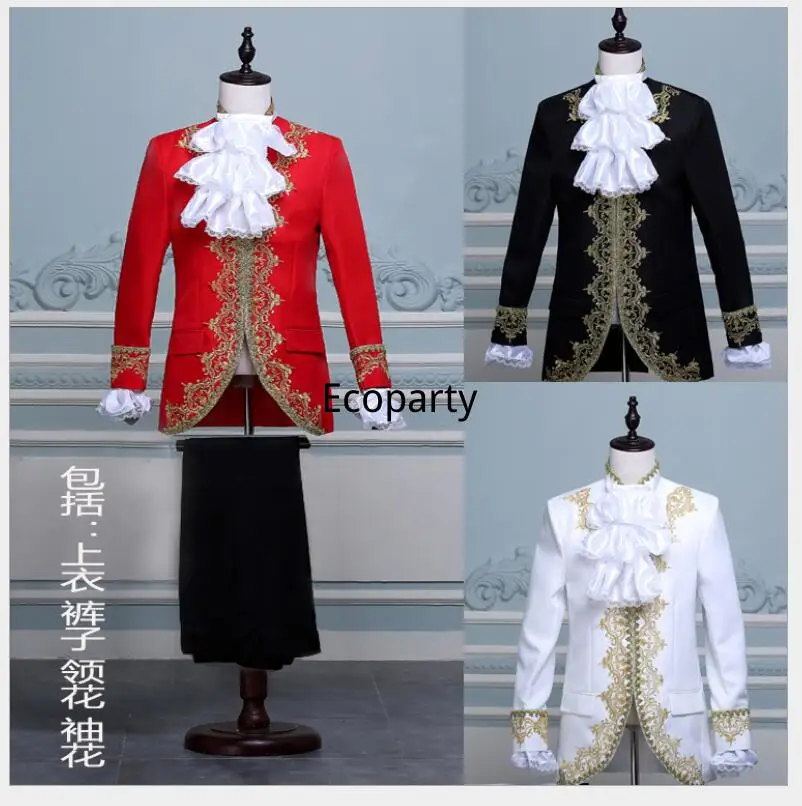 

Men Renaissance Medieval Cosplay King Prince Party Costume Edging Bridegroom Performing Drama Costume Coat+Pants+Tie Full Set