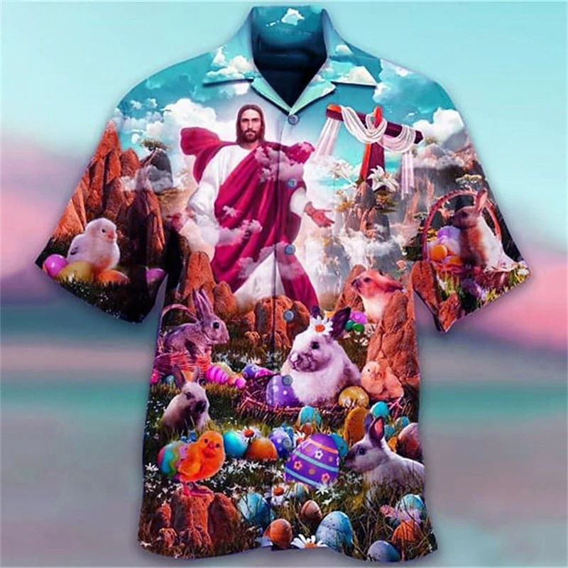 Jesus Christ Animal Shirts For Men Hawaiian 3d Printed Pattern Christians Mary Crucified Breathable Beach Casual Short Sleeved