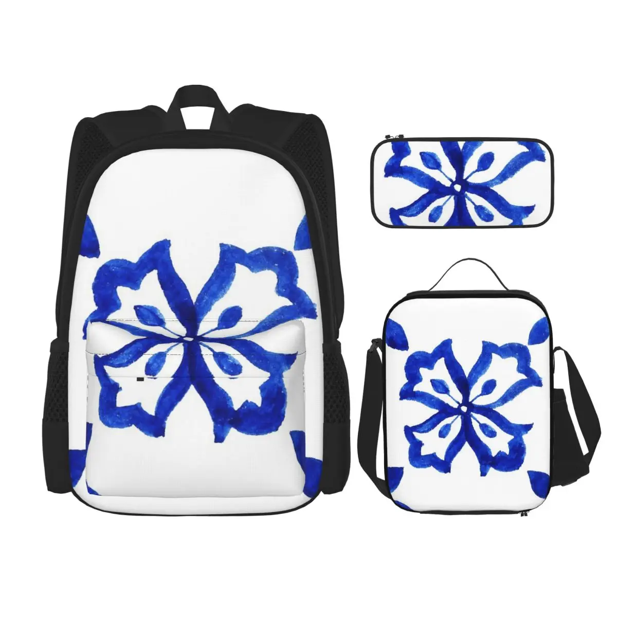 

Azulejo Portuguese Tile Watercolor Artwork Backpacks Boys Girls Bookbag School Bags Rucksack Lunch Bag Pen Bag Three-Piece Set
