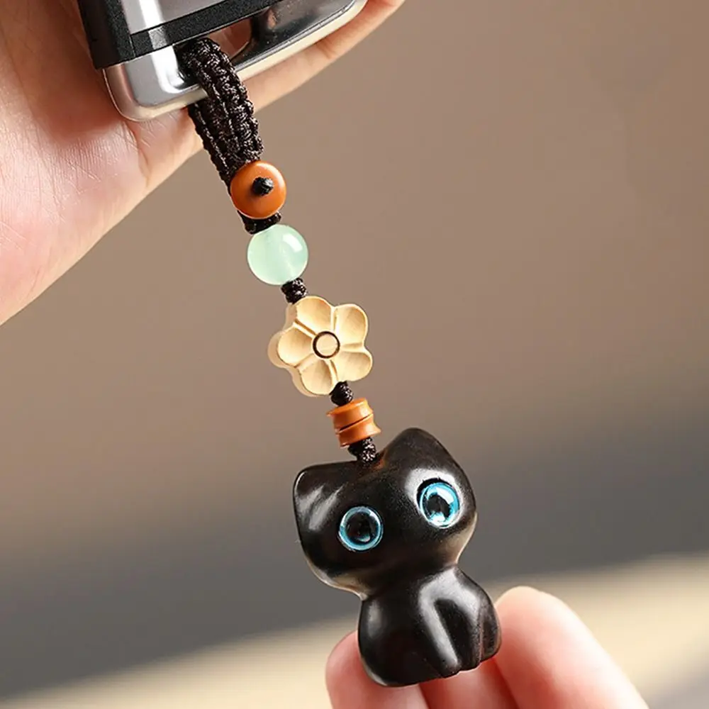 قلادة منسوجة يدويًا من خشب الصندل لمفتاح السيارة ، ديكور جذاب للهاتف ، حزام سلسلة ، قلادة قطة محظوظة ، حلقة متنقلة