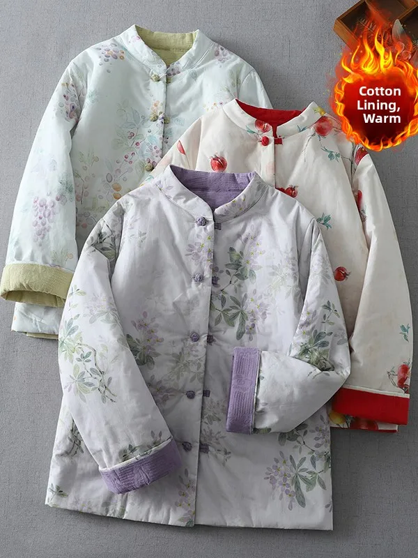 جديد الصينية Sle القطن الكتان المطبوعة Thiened الصغيرة الوقوف طوق الشتاء Jaet Colion اللون تانغ زي المرأة الأعلى #1