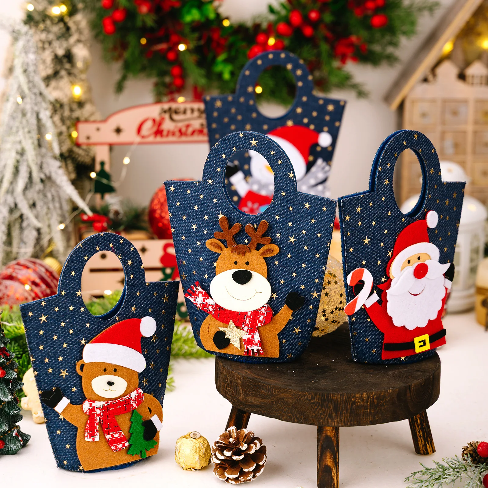 Borsa regalo di Natale Borsa riutilizzabile per Babbo Natale Borsa per caramelle Borsa festiva in stoffa di alce per regalo di festa di Natale
