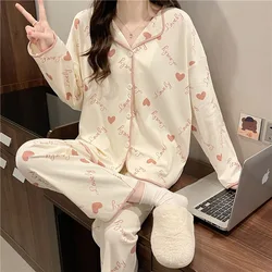 Autumn Women Pajamas Set Spring Long Sleeved Pants Sleepwear Girl Faux Cotton Thin Cardigan Pijama 2 Pieces Student Home Clothes