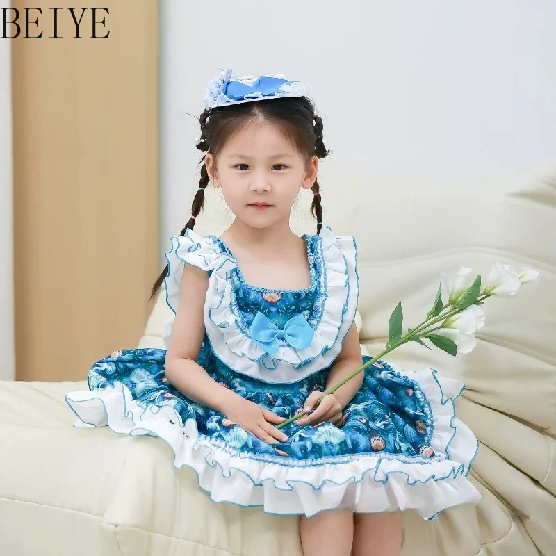 Spring and Autumn New Girls Lolita Dress Fluffy Princess Children's Sweet Printed Dress Japanese Style Suspender Vest Dress