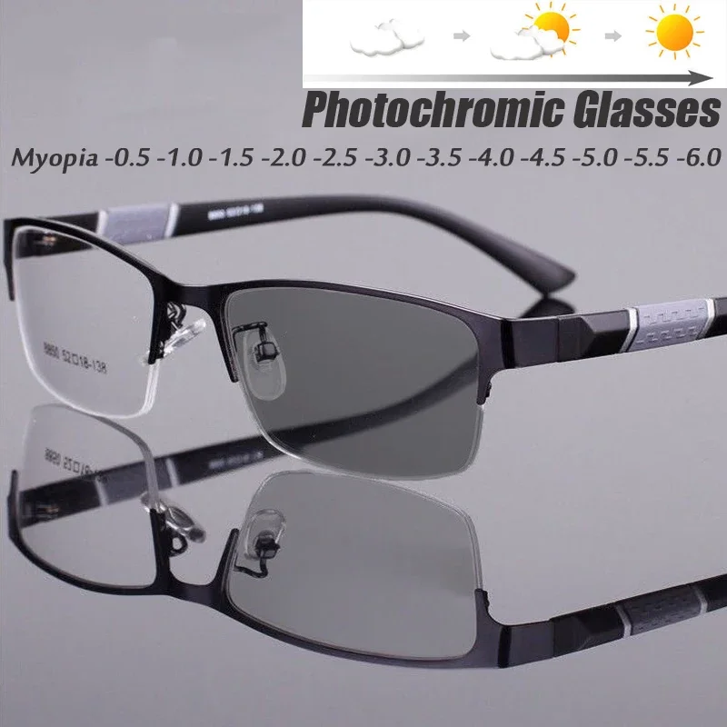 

Half Frame Photochromic Myopia Glasses Men Business Metal Anti-blue Light Outdoor UV400 Color Changing Eyewear