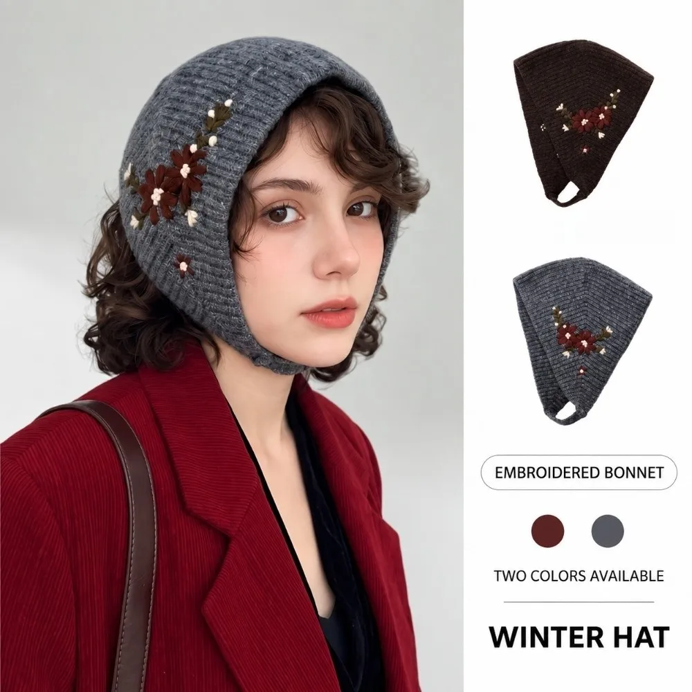 Retro Flower Embroidery Knitted Beret Hat Keep Warm Ear Protection Round Top Cap Ear Protection Hat Winter