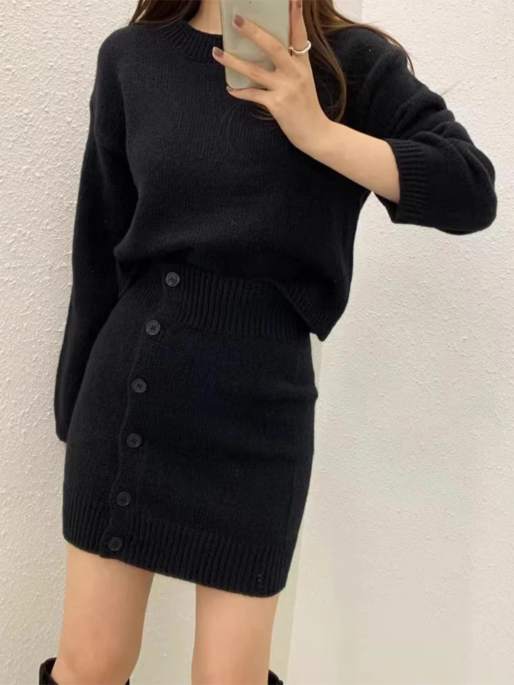 

Chic Autumn Lazy Sle Long Sve Knitted Sweater Women's High Waist Single Button Wrap around ort Skirt Faion Set