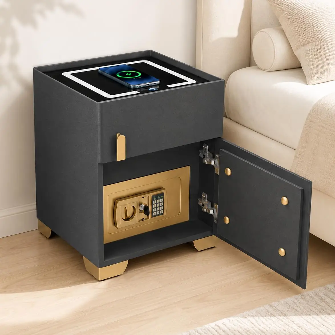 Smart Nightstand with Safe Drawer & Wireless Charging for Bedroom, Customized