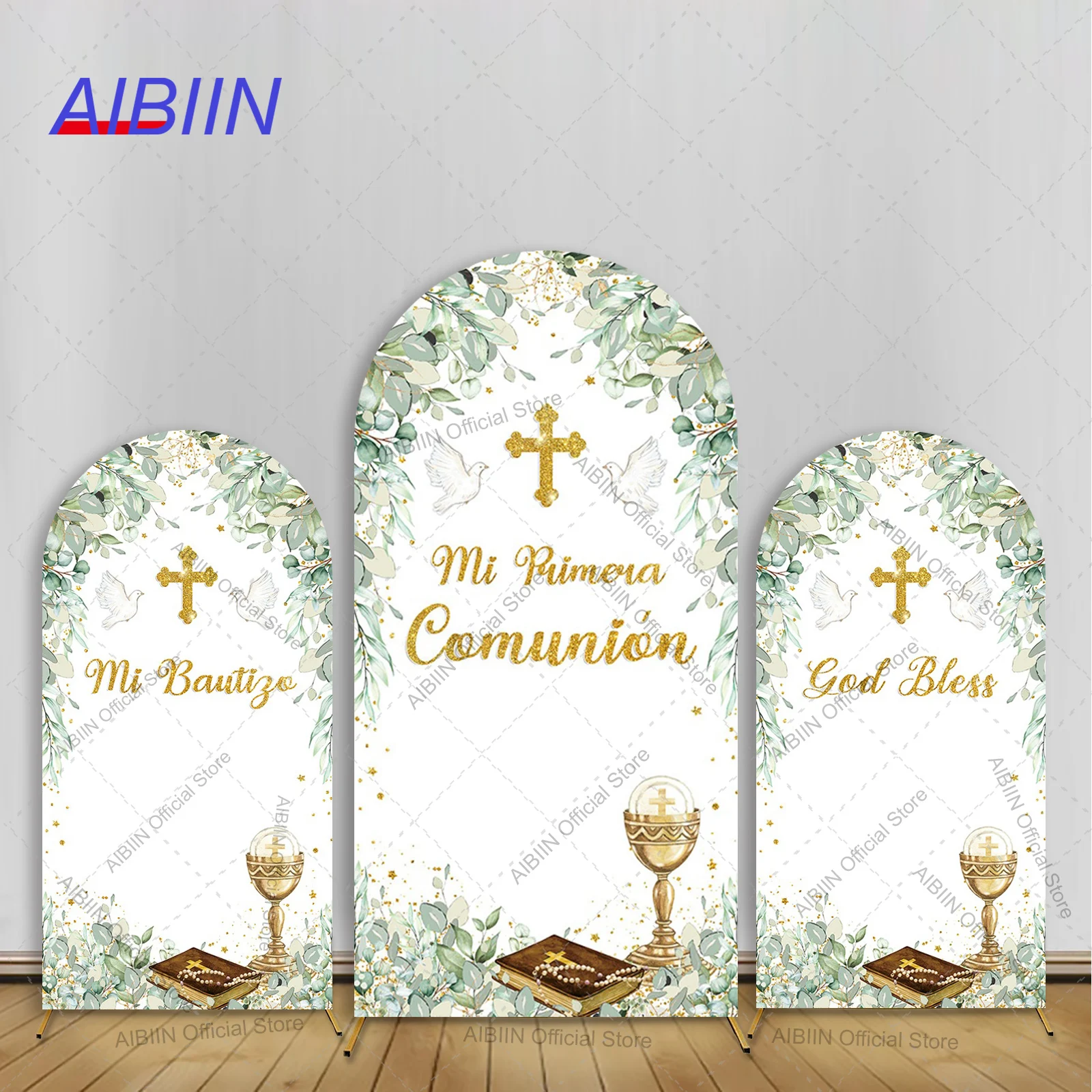Декор для вечеринки в честь первого причастия: Золотой крест, листья эвкалипта, голубь, Библия, Грааль, Бог благословит.