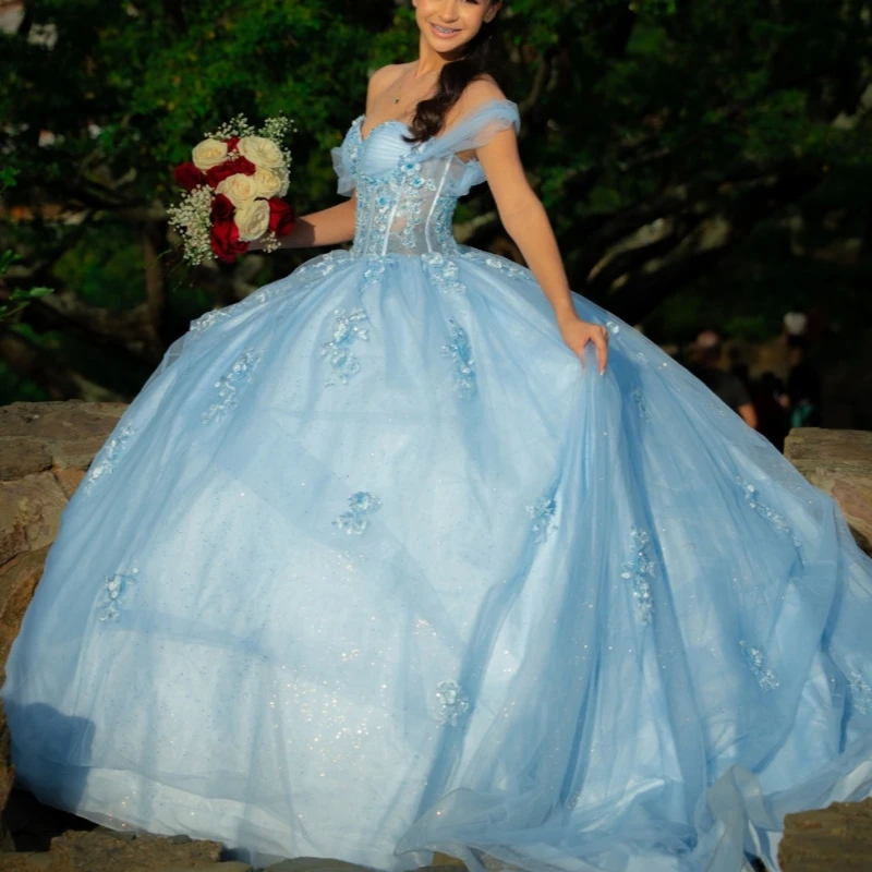 

Light Blue Shiny Quinceanera Dresses Ball Gown Off The Shoulder Applique Lace Beading Crystal Tull Corset Party Birthday Sweet