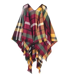 SIEPAKE Women's Shawls Wraps Red and Black Check Poncho Sweater Cape Blanket Open Front Scarf Coat for Fall Winter for Women