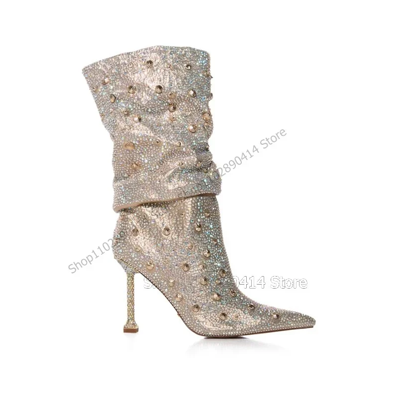 

Beige Rhinestone Rivets Decor Pointed Toe Boots Slip On Women Shoes Thin High Heels Novel Fashion Party 2023 Zapatos Para Mujere