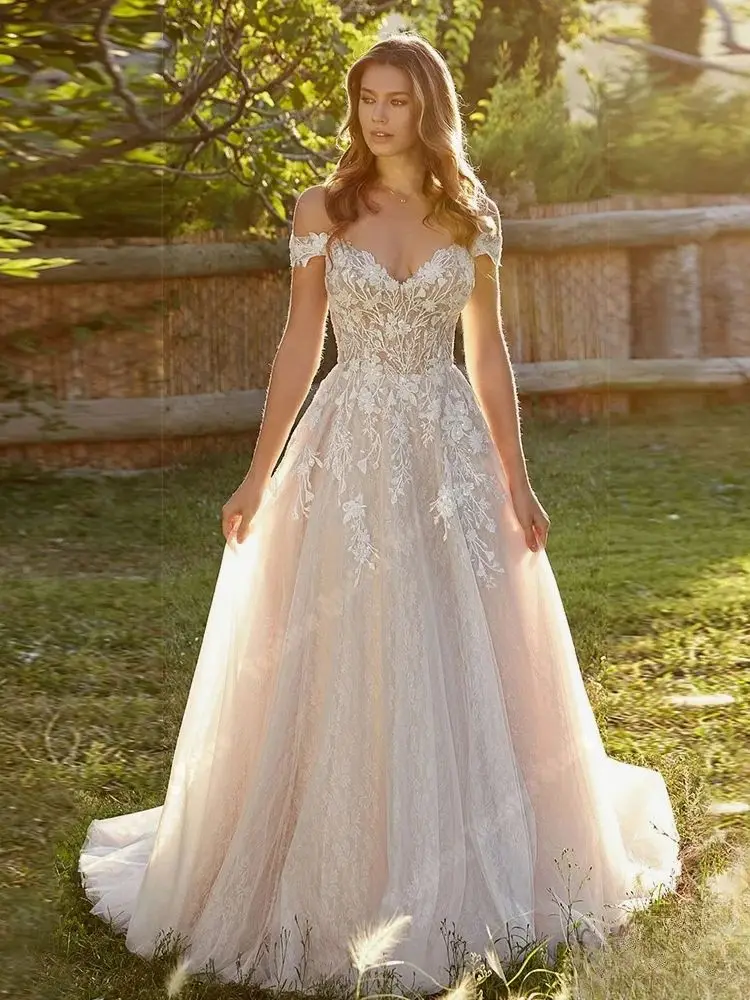 Abiti da sposa senza maniche con scollo a v e spalle scoperte abiti da sposa con superficie in Tulle brillante lunghezza senza schienale Vestidos De Novias