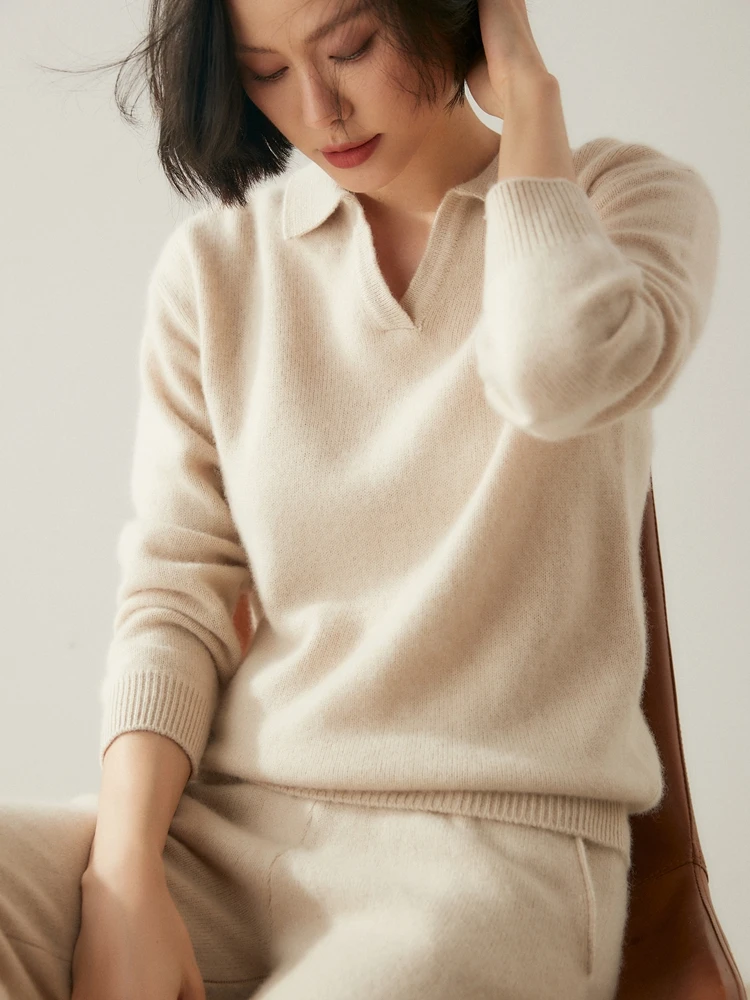 

TLOML Women's 100% Cashmere Sweater Turn Down Collar V-Neck Pullover Cashmere Knitwear Suit Autumn Winter Soft Warm Casual Tops