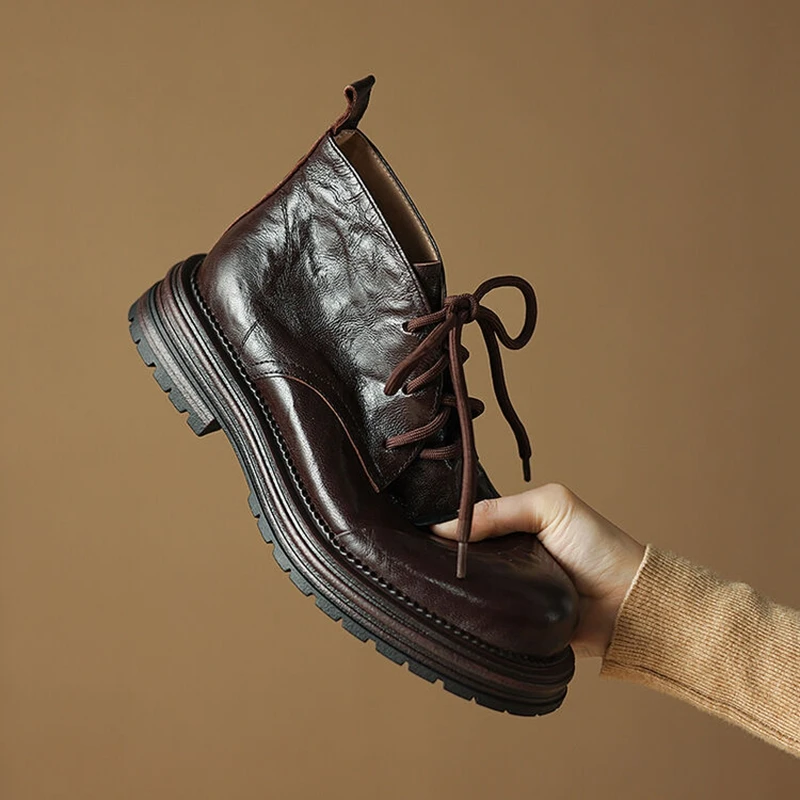 

НОВЫЕ осенне-зимние женские ботинки, женская обувь из натуральной кожи, туфли с круглым носком на массивном каблуке, ботильоны на шнуровке, черные ботинки для верховой езды