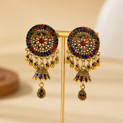 2024 Vintage Multicolor Zircon Round Dangle Earrings Women Ethnic Femme Bell Tassel Wedding Bridal Luxury Jewelry Bijoux