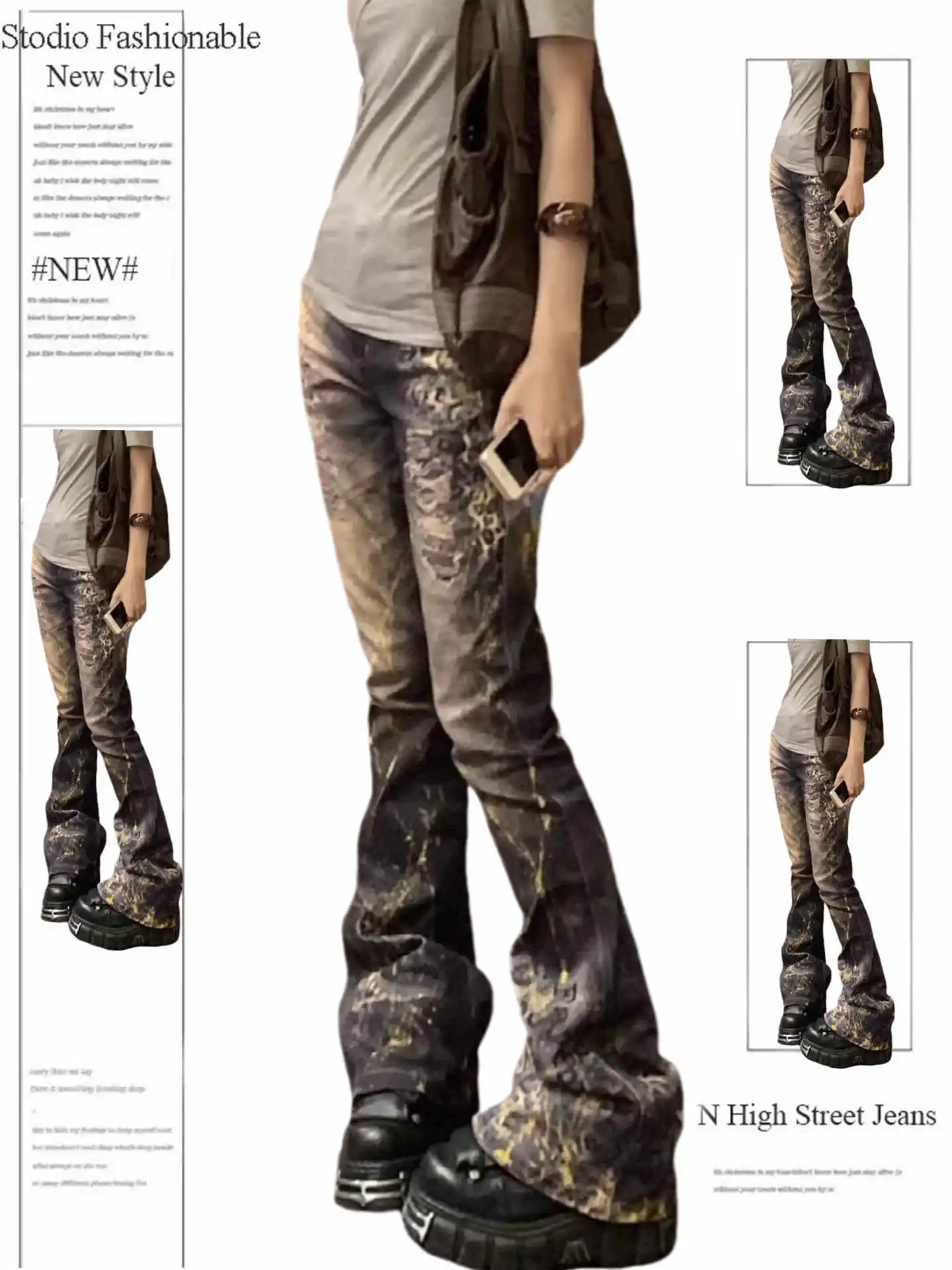 

Women Goblin Core Abi Grunge Cyber Punk Leopard Print Flare Jean Y2k Japanese Harajuku Low Rise Ripped Denim Pants Bell-Bottom