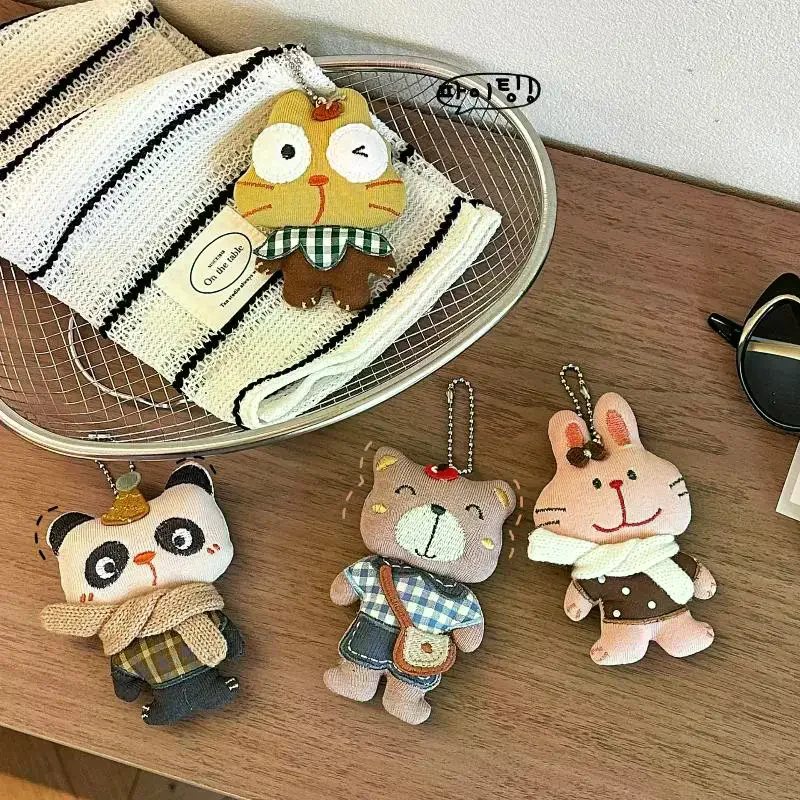 Style Cloth Animal Plush Keychain Cute Rabbit Cat Panda Bear Fabric Doll Bag Pendant Car Keychain Backpack Hanging Decor Forest