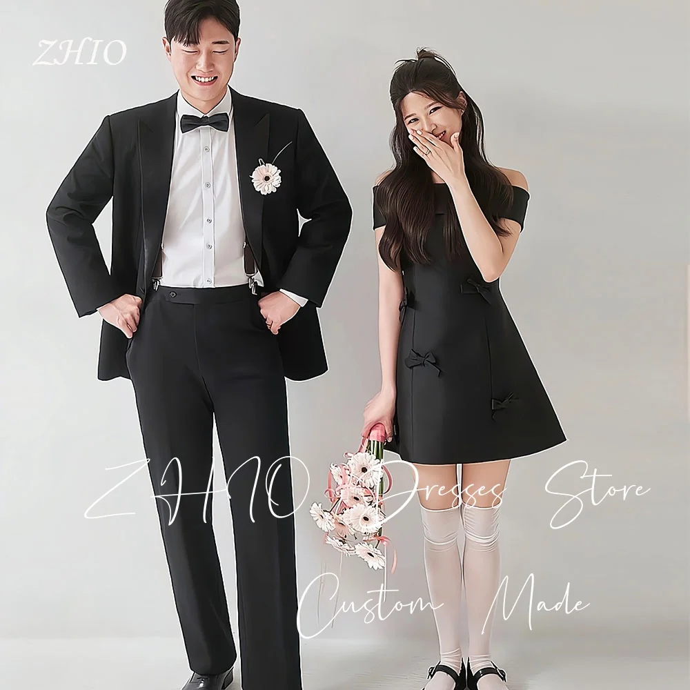 

ZHIO Modern Black Mini Wedding Party Dress Off Shoulder Bow A-Line Silk Taffeta Korea Photo Shoot Bridal Gown Customized Simple
