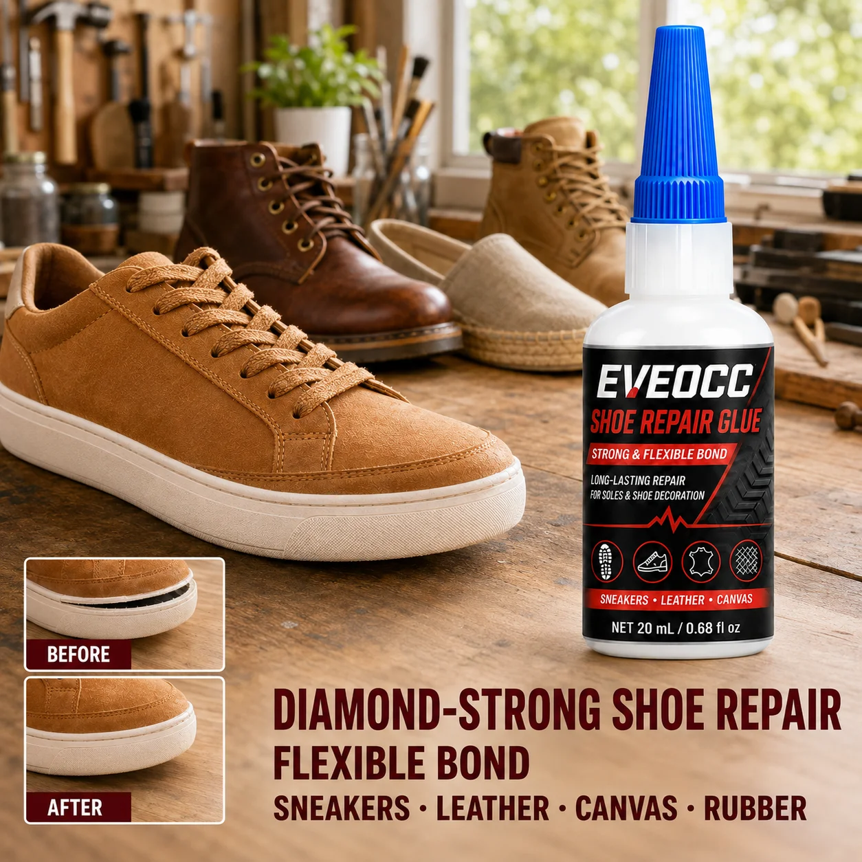 EVEOCC Shoe Repair Glue 20ml, Strong Flexible Bond Adhesive for Sneakers Leather Canvas Soles & Shoe Decoration
