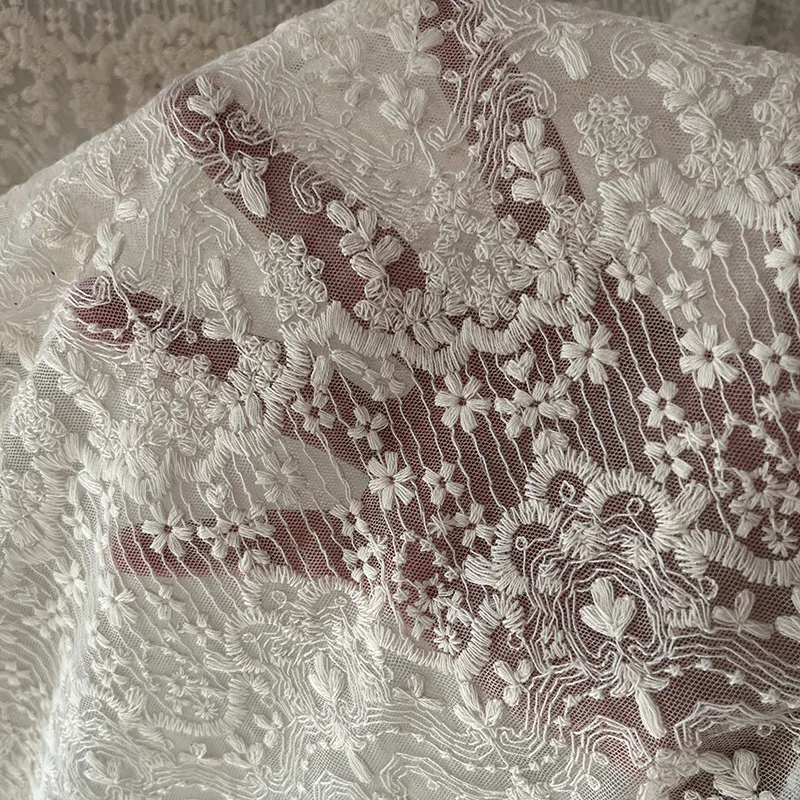 130cm Wide Premium Apricot Cotton Embroidered Lace & Floral Mesh Trim Fabric for Wedding Dresses and Gowns