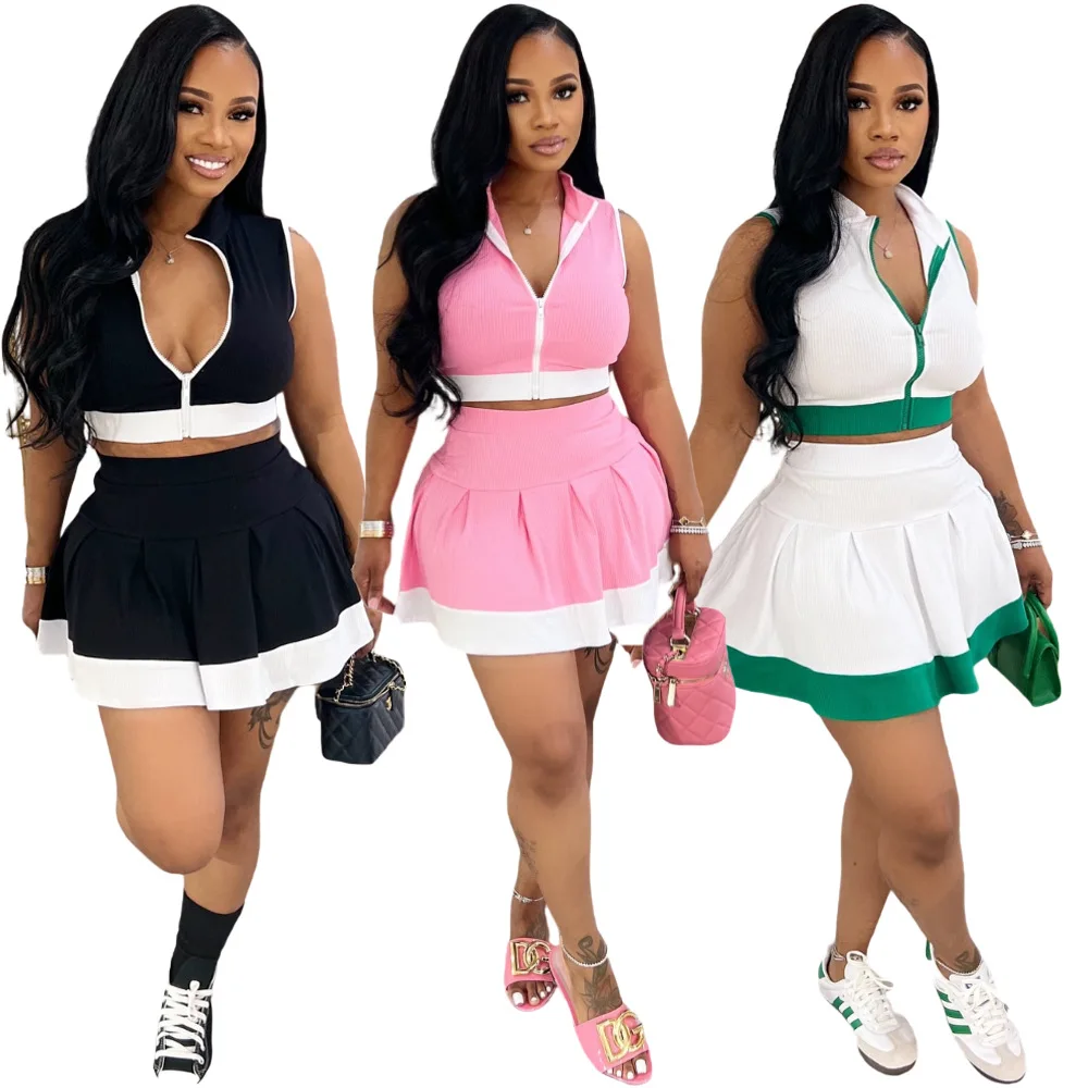 

Women's Set Sleeveless V-neck Vest + Pleated Skirts 2025 Summer Cute Street Beach Two 2 Piece Sets Outfits Tracksuit