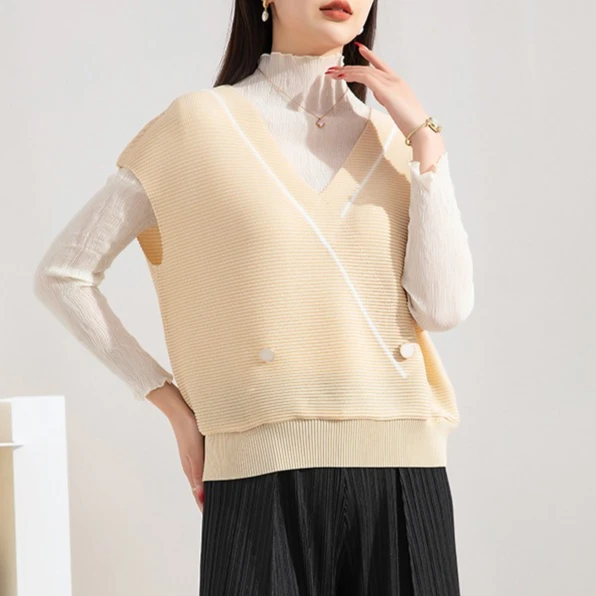 

Miyake осенний внешний женский жилет с v-образным вырезом, свободный жилет большого размера, внутренний винтажный пуловер, толстовка, топ, простой пригородный студенческий стиль