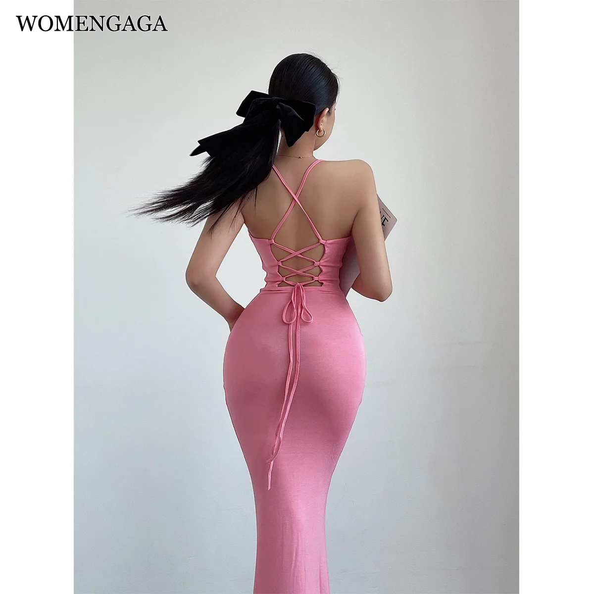 

WOMENGAGA American Spicy Girl Lace Up Backless Dress Elegant Long Female Sexy Slim Fishtail Dress Hot Sexy Korean Women BJ8W