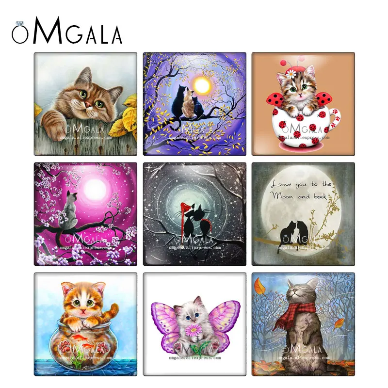 Lovely Love Cat Art Paintings Cartoon Square 10pcs mixed 12mm/20mm/25mm/30mm photo glass cabochon demo flat back Making findings